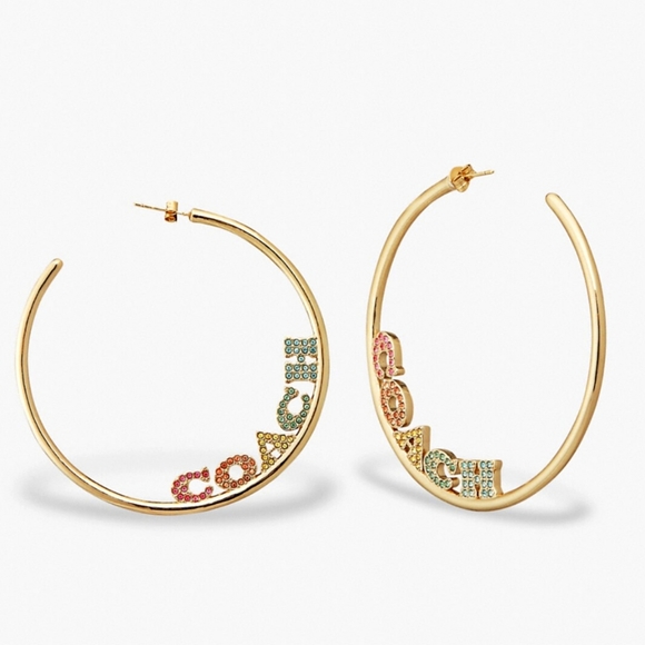 NWT, Coach Gold, & RAINBOW Multicolor Hoop Earrings 2¼" - Picture 1 of 12